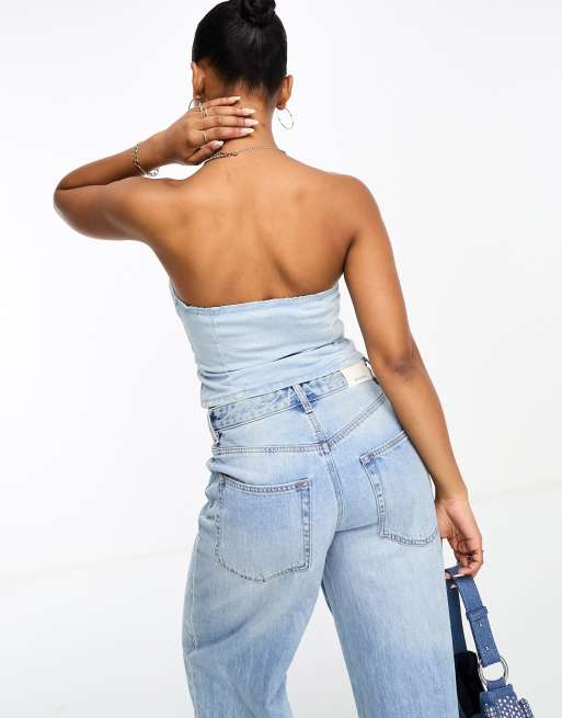 Bershka denim bandeau corset top in light blue