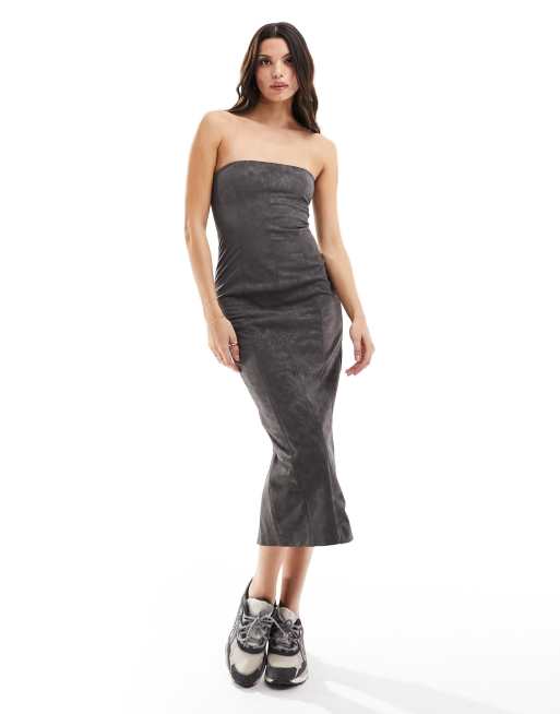 Bershka bandeau faux suede bodycon midaxi dress in gray ASOS