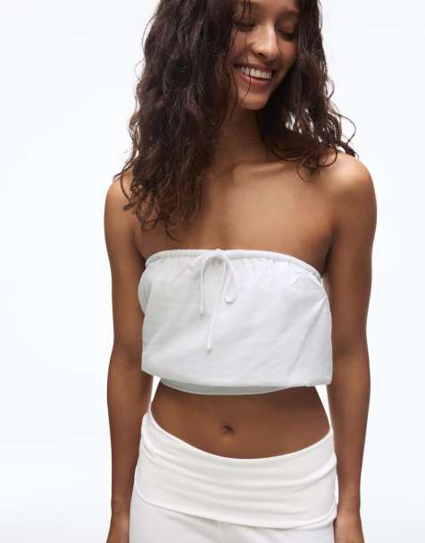 Bershka Bandeau linen top in white - view 1