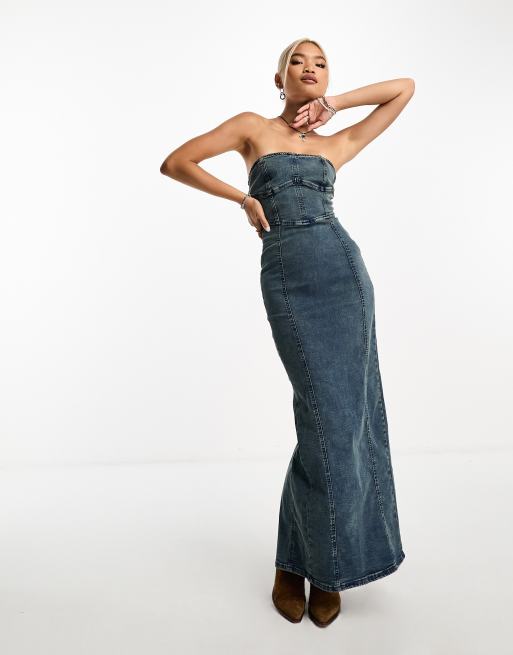 Bershka bandeau midaxi dress in washed denim