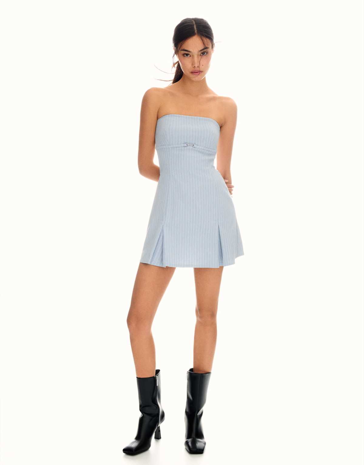 Bershka Bandeau mini dress with belt in light blue