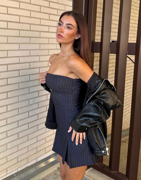 Bershka Bandeau mini dress with belt in navy