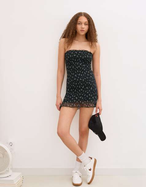 Bershka bandeau print mini dress in black