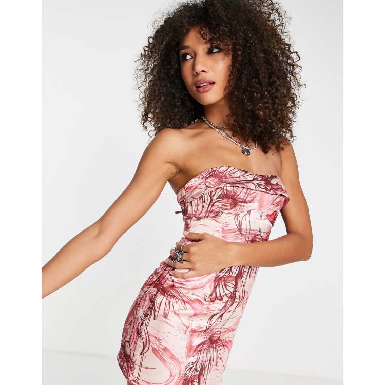 Bershka bandeau satin mini dress in mixed floral pink print