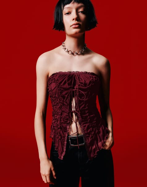 Bershka - Bandeau-top met geplooid detail in bordeauxrood - view 1