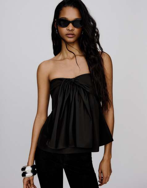 Bershka Bandeau top with tie detail in black - view 1