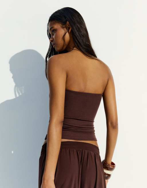 Bershka Bandeau top with tie detail in brown, 3 of 4