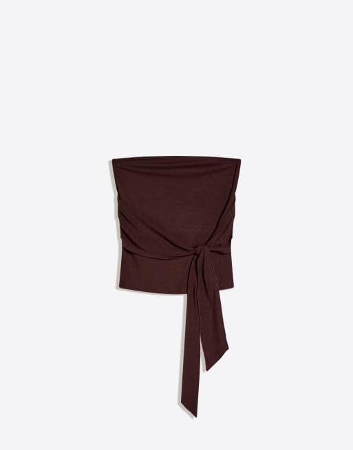 Bershka Bandeau top with tie detail in brown, 4 of 4