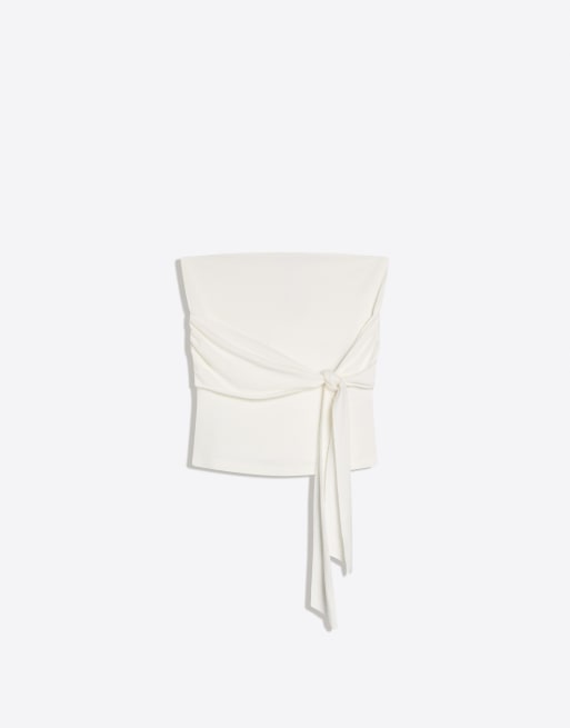 Bershka Bandeau top with tie detail in ecru, 4 of 4