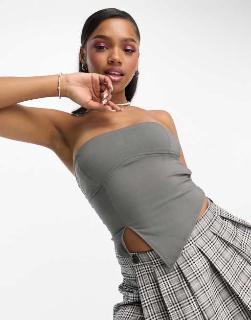 Bershka - Bandeautop met asymmetrische zoom in antraciet