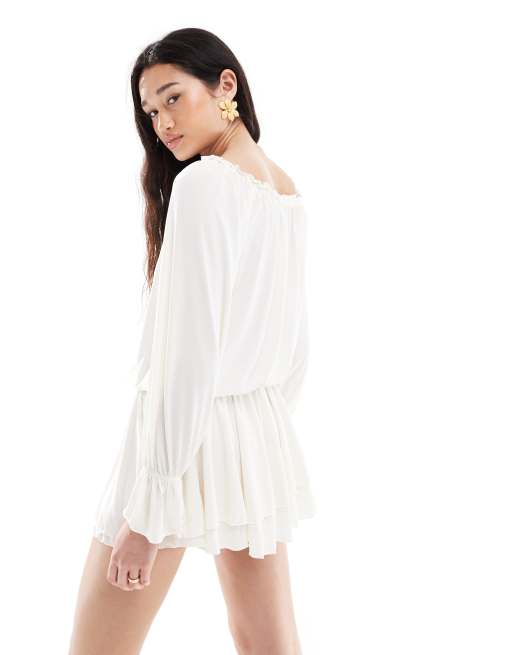 Bershka off the shoulder blouson mini dress in ecru