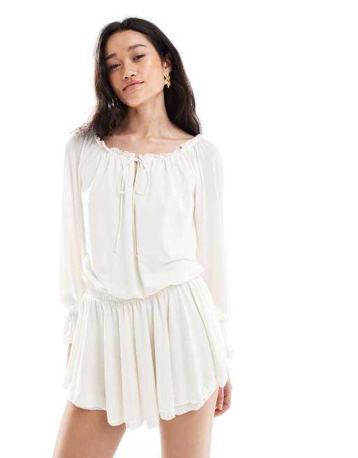 Bershka off the shoulder blouson mini dress in ecru