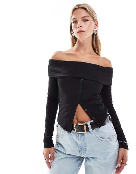 Bershka bardot button up top in black - view 1