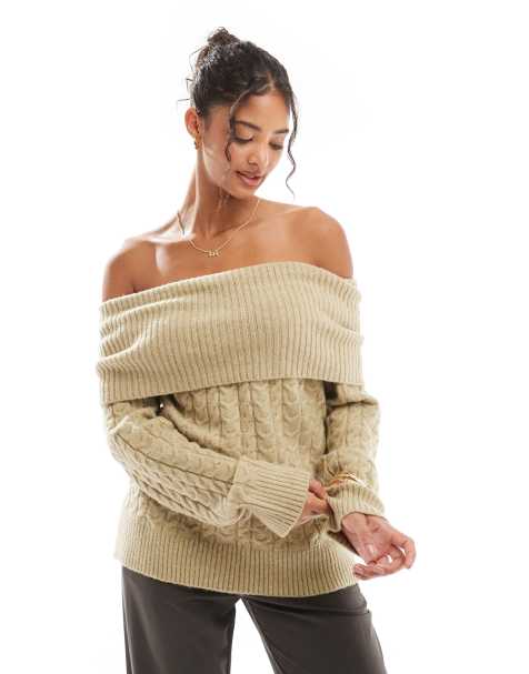 Bershka bardot cable knit jumper in khaki - view 1