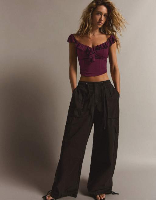 Bershka Bardot corset frill top in burgundy, 4 of 5