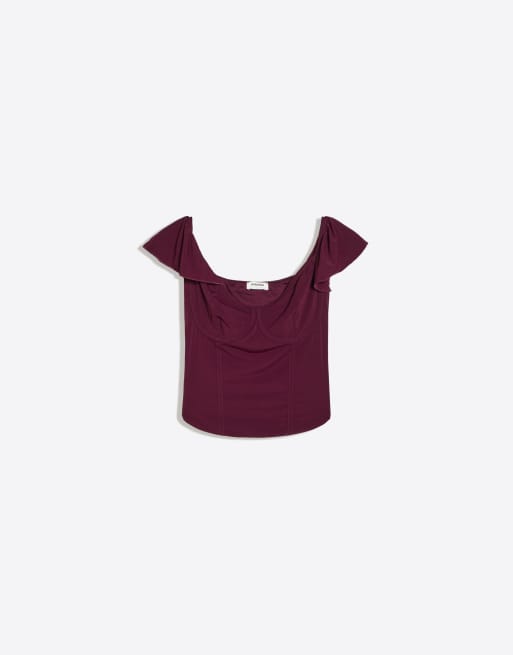 Bershka Bardot corset frill top in burgundy, 5 of 5