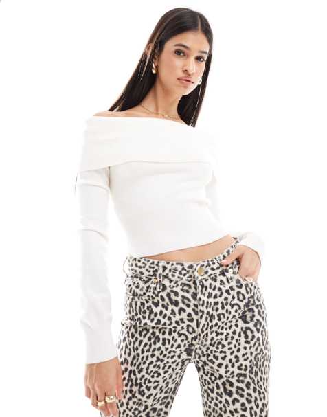 Bershka bardot knitted jumper in ecru - view 1