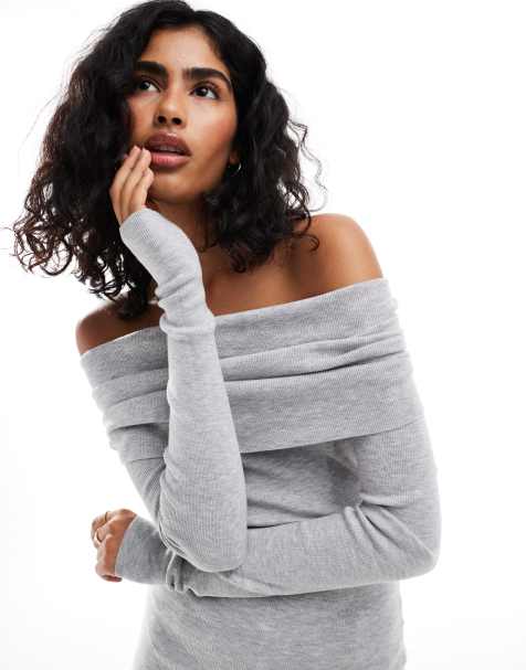 Bershka bardot knitted jumper in grey - view 1