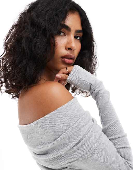 Bershka bardot knitted sweater in gray