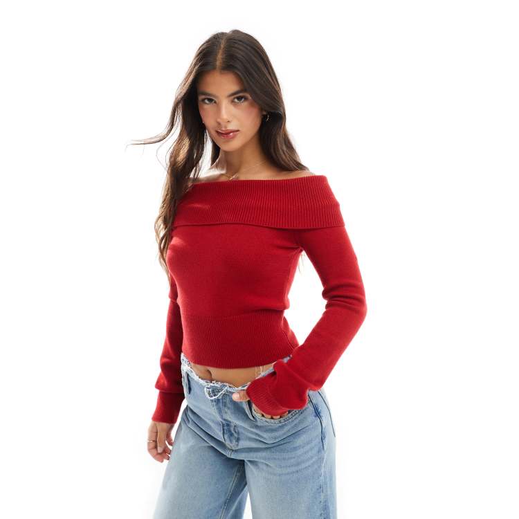 Bershka bardot knitted jumper in red ASOS