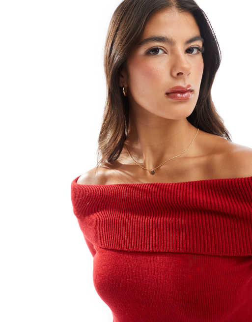 Bershka bardot knitted jumper in red ASOS