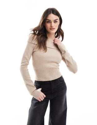 Bershka Bershka bardot knitted jumper in taupe-Neutral