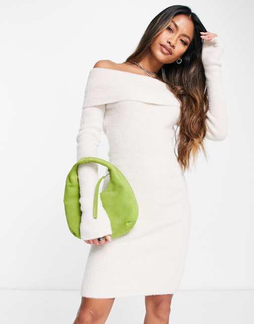 Off The Shoulder Sweater Dress in Off White