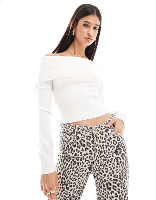 Bershka bardot knitted sweater in ecru