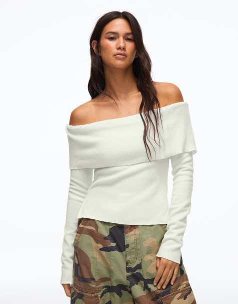 Bershka Bardot long sleeve jumper in ecru - view 1