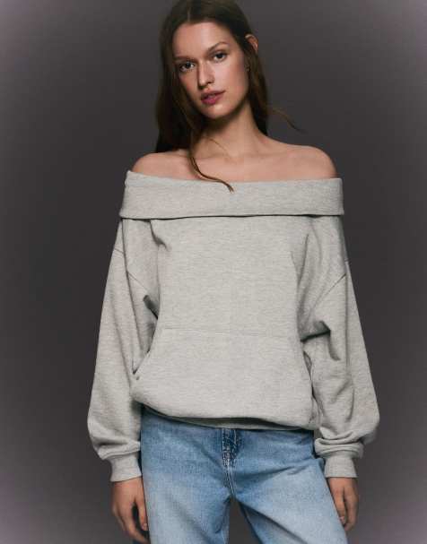 Bershka Bardot long sleeve jumper in light grey - view 1