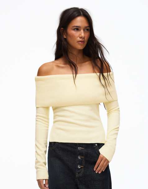 Bershka Bardot long sleeve jumper in yellow - view 1
