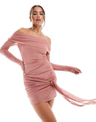 Bershka Bardot Mini Dress Witth Ruched Detail In Baby Pink-brown