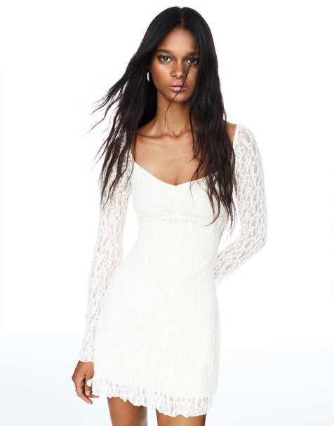 Bershka Bardot neckline blonde lace mini dress in ecru - view 1