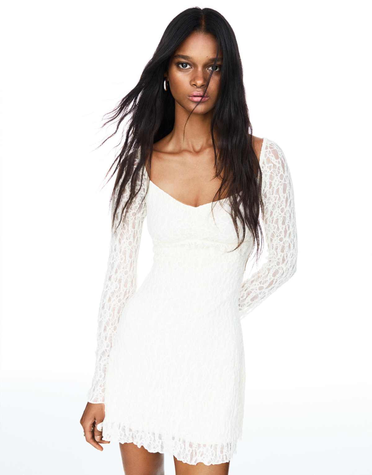 Bershka Bardot neckline blonde lace mini dress in ecru