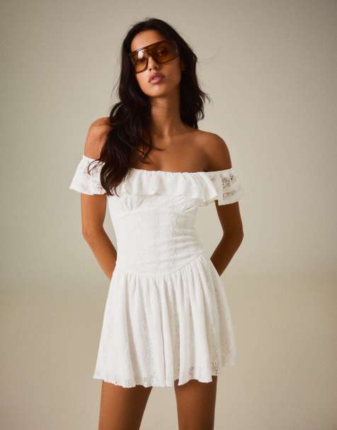 Bershka Bardot neckline lace dress in white - view 1