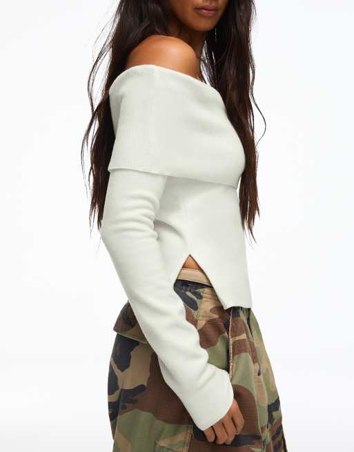 Bershka Bardot-Pullover mit langen Ärmeln in Ecru, 2 von 5