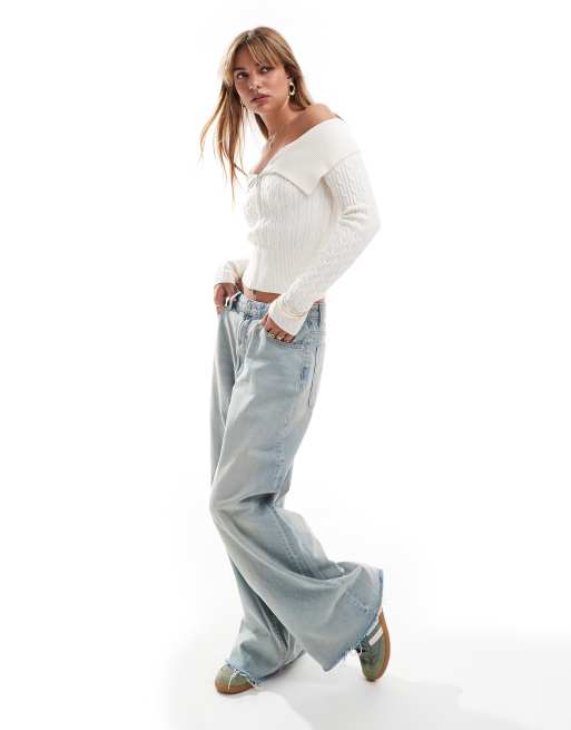 Bershka - Bardot-trui met kabels en rits aan de voorkant in wit, 2 van 4