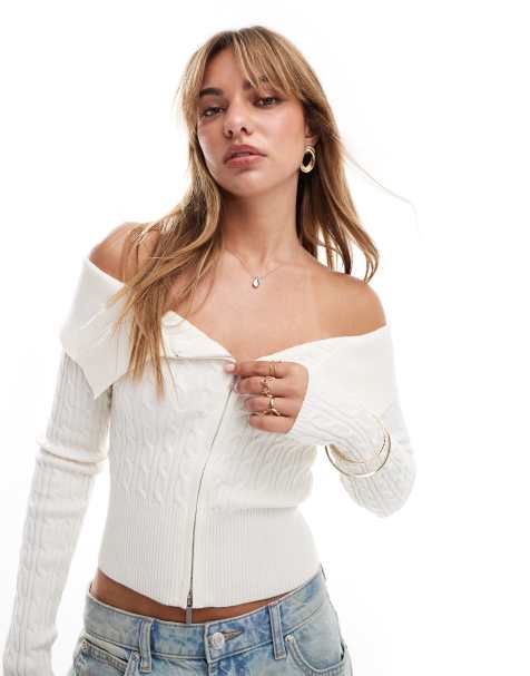 Bershka bardot zip front cable knit jumper in white - view 1