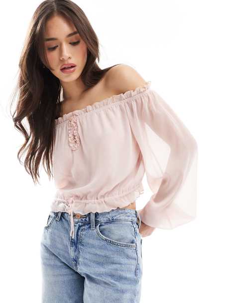 Bershka - Bardottop met ruches in lichtroze - view 1