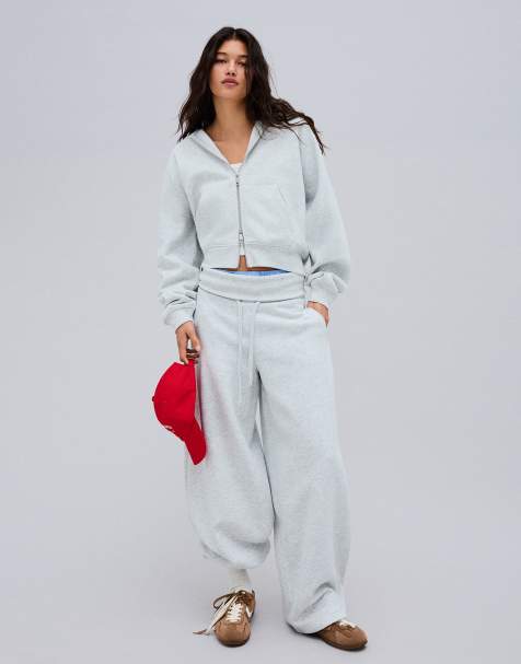 Bershka Barrel fit plush trousers in light grey - view 1