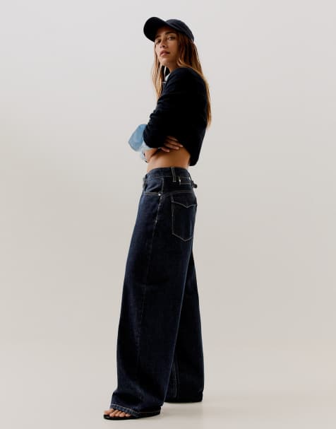 Bershka Barrel jeans with back buckle in blue - view 1