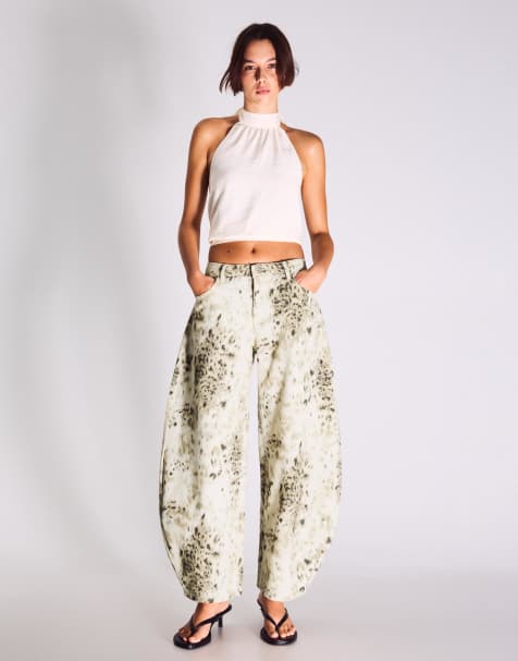 Bershka Barrel-leg print trousers in brown