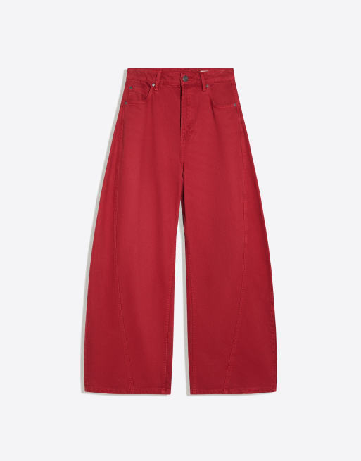 Bershka Barrel trousers with back buckle in red, 5 of 5