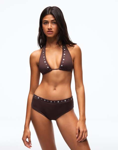 Bershka - Bas de bikini clouté style culotte - Marron - view 1