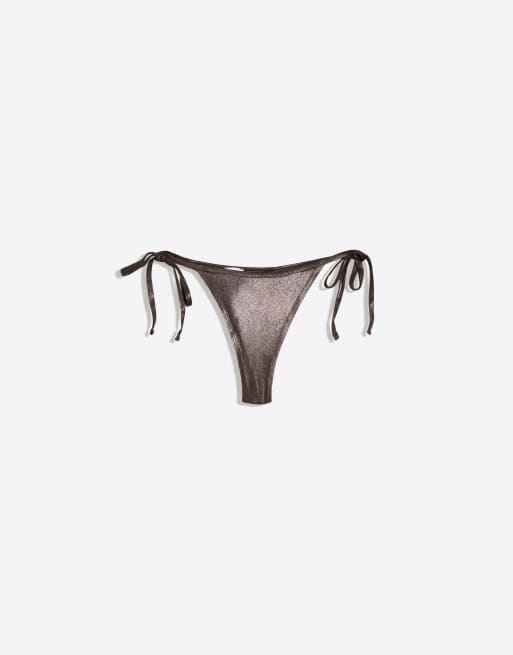 Bershka - Bas de bikini string effet lamé - Marron, 3 de 3