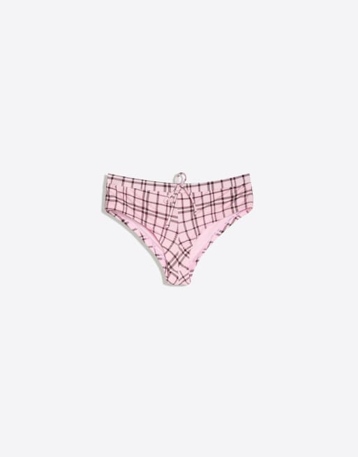 Bershka - Bas de bikini style shorty à carreaux - Rose, 4 de 4