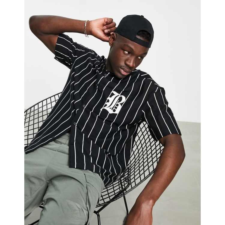 Bershka baseball shirt in black and white stripe