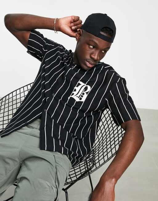 Bershka baseball shirt in black and white stripe