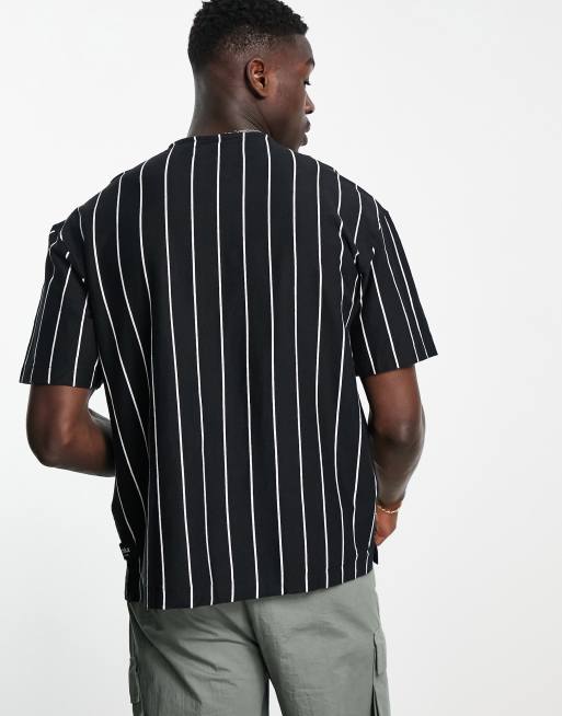 Bershka baseball shirt in black and white stripe