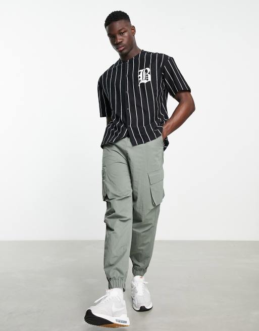 Bershka baseball shirt in black and white stripe